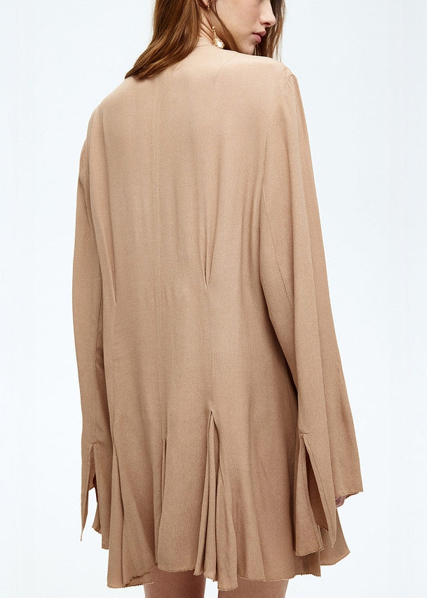 Women Khaki Lace Up Solid Cotton Mini Dress Flare Sleeve