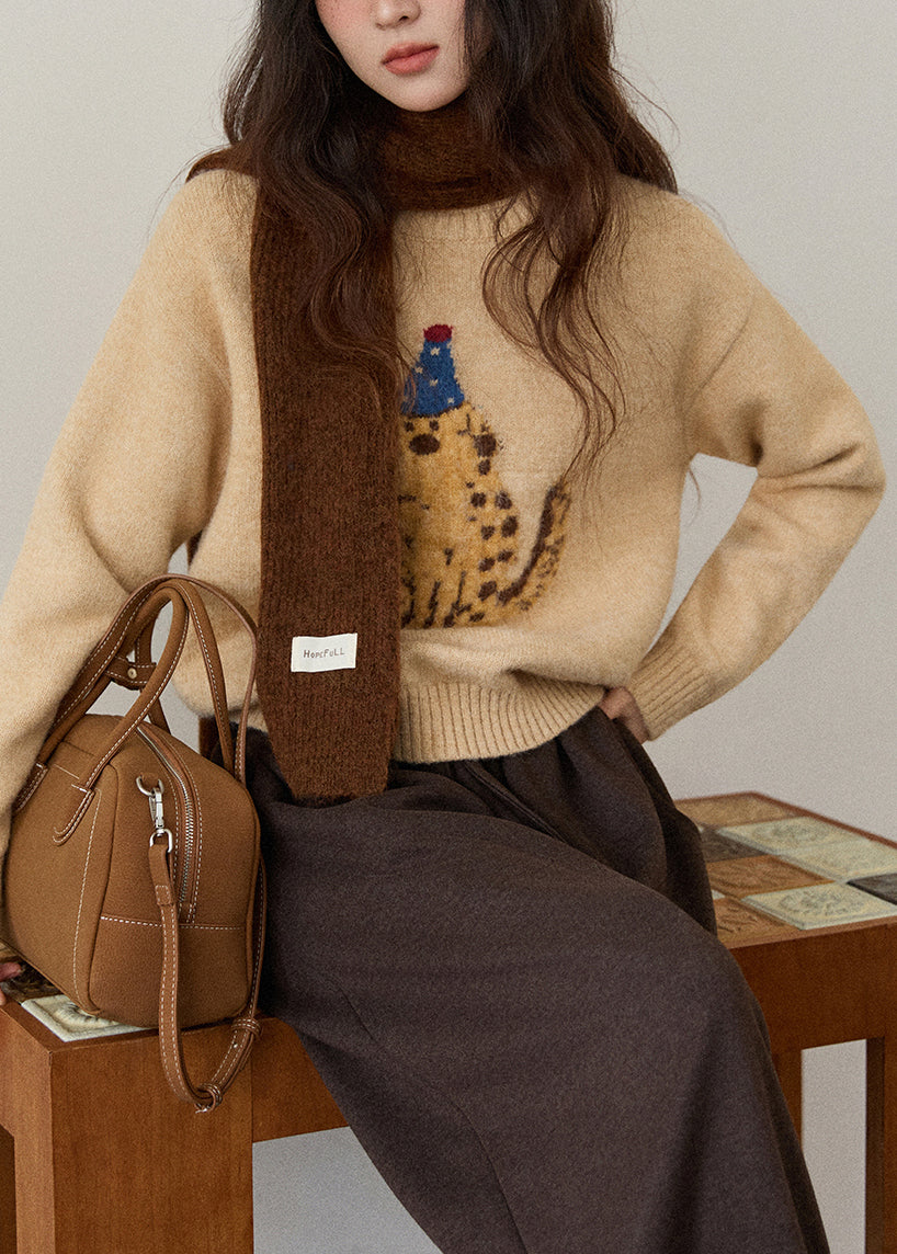 Women Khaki O Neck Animal Knit Sweater Winter