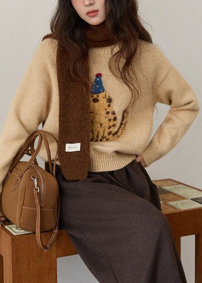 Women Khaki O Neck Animal Knit Sweater Winter