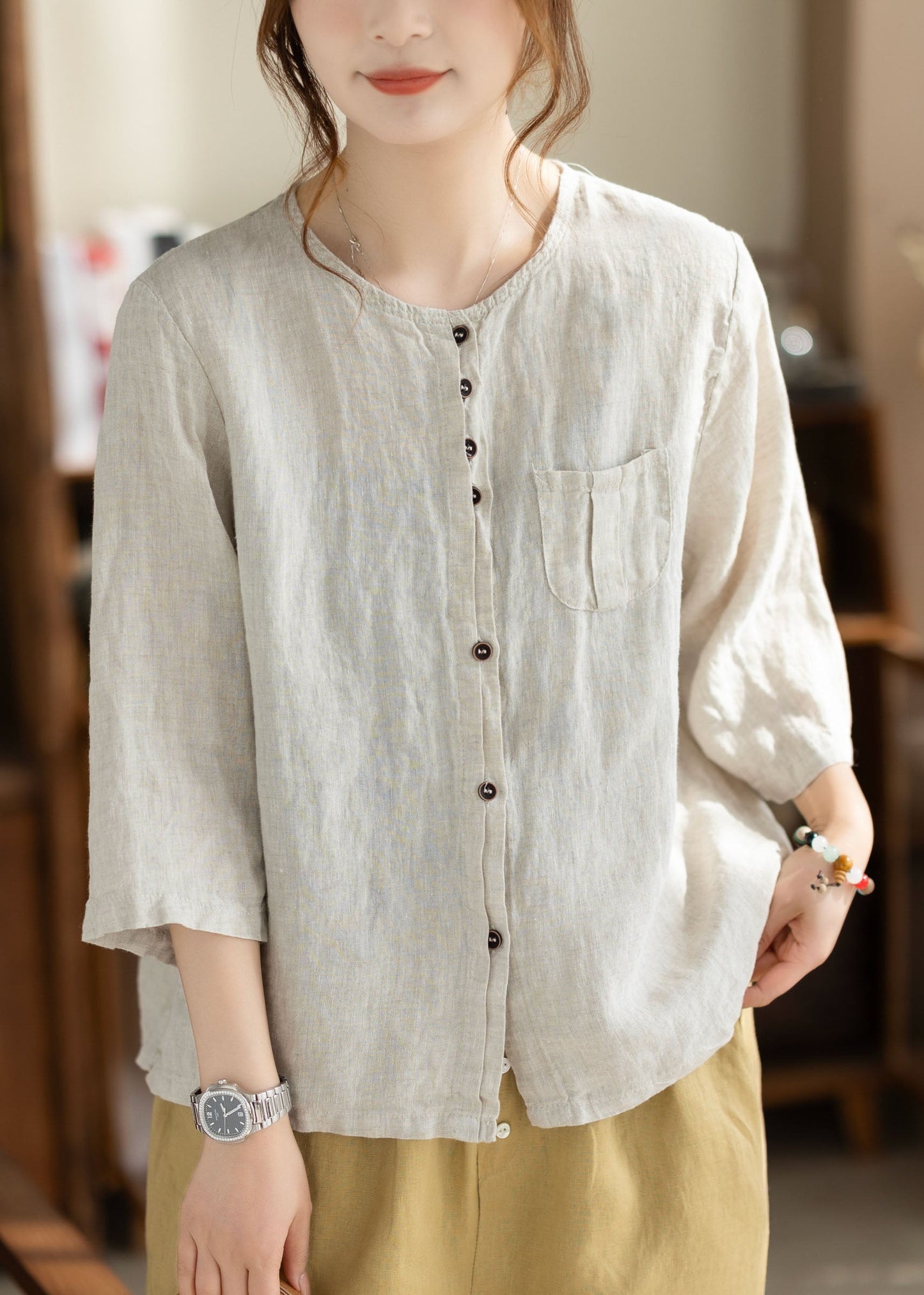 Women Khaki O Neck Button Pockets Linen Shirt Bracelet Sleeve