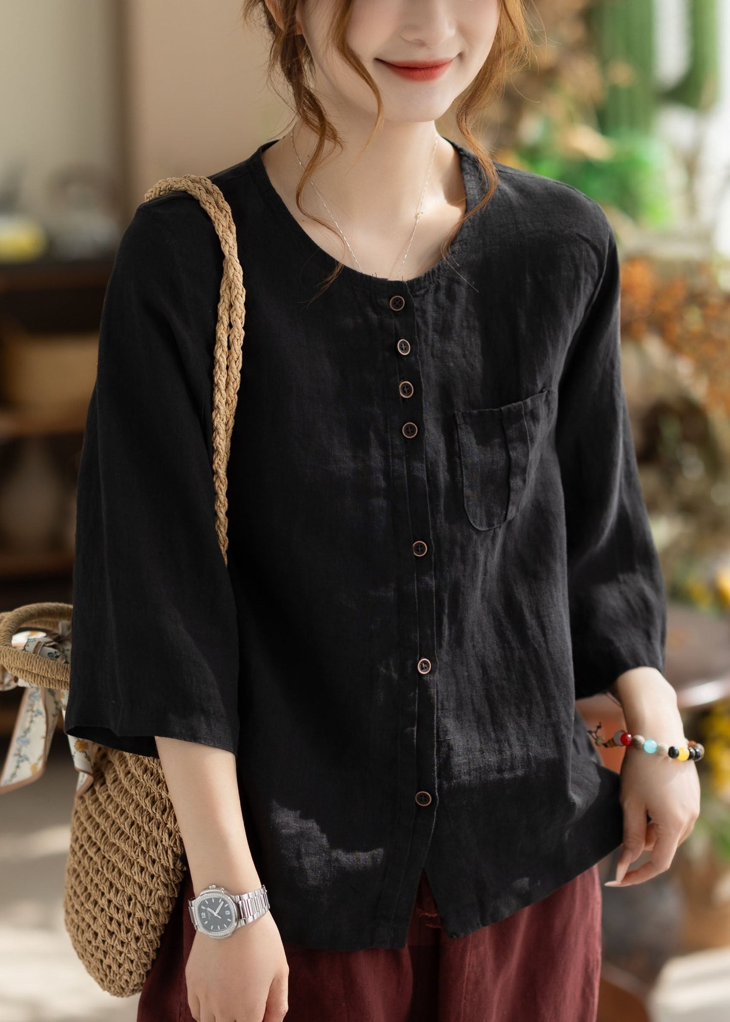 Women Khaki O Neck Button Pockets Linen Shirt Bracelet Sleeve