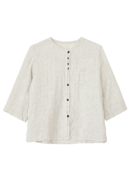 Women Khaki O Neck Button Pockets Linen Shirt Bracelet Sleeve