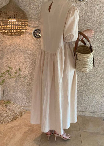 Women Khaki O Neck Wrinkled Patchwork Cotton Dresses Summer