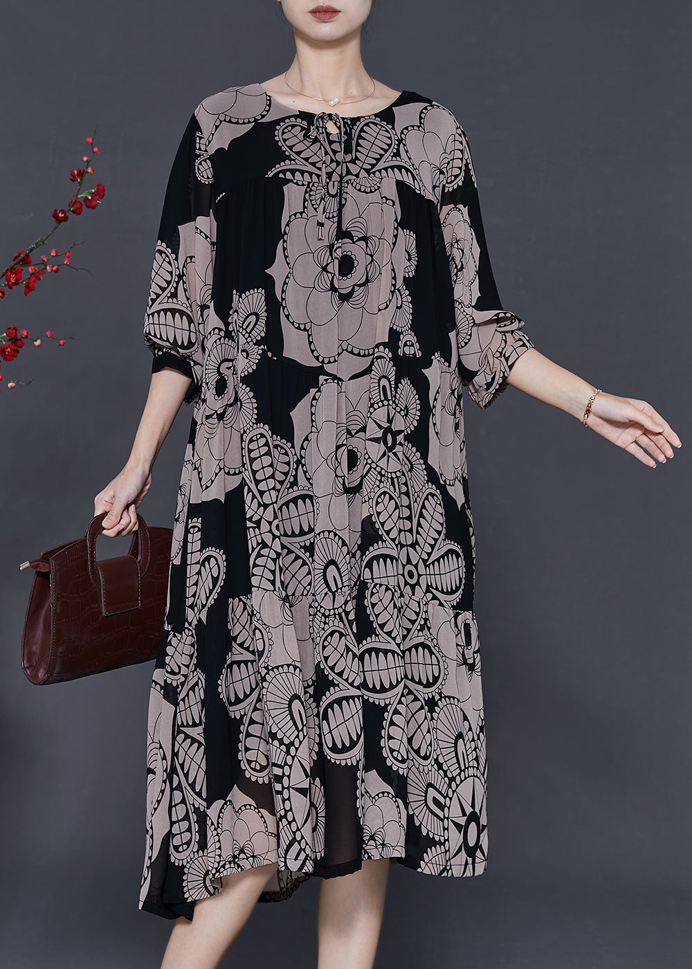 Women Khaki Oversized Print Chiffon Dresses Spring