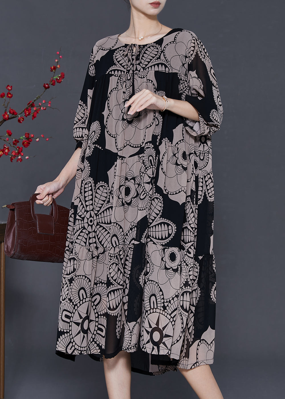 Women Khaki Oversized Print Chiffon Dresses Spring