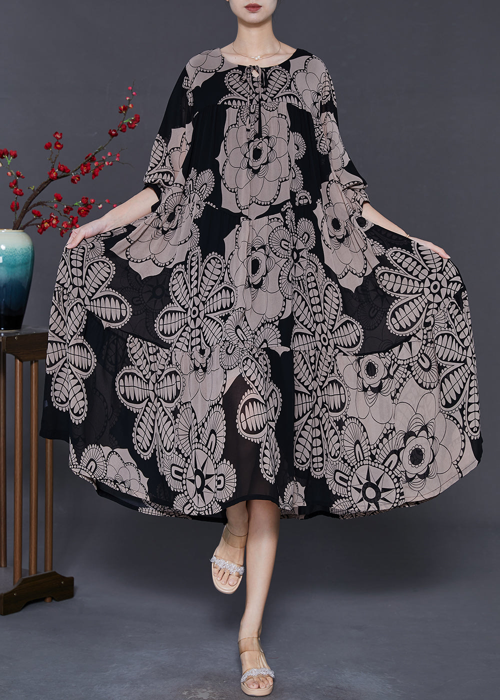 Women Khaki Oversized Print Chiffon Dresses Spring