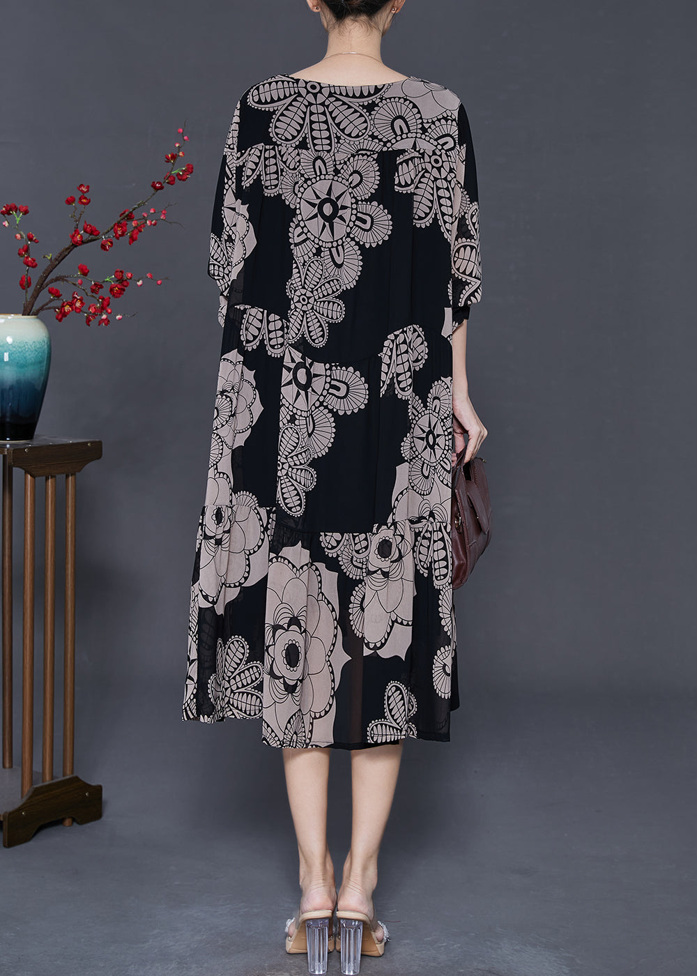Women Khaki Oversized Print Chiffon Dresses Spring