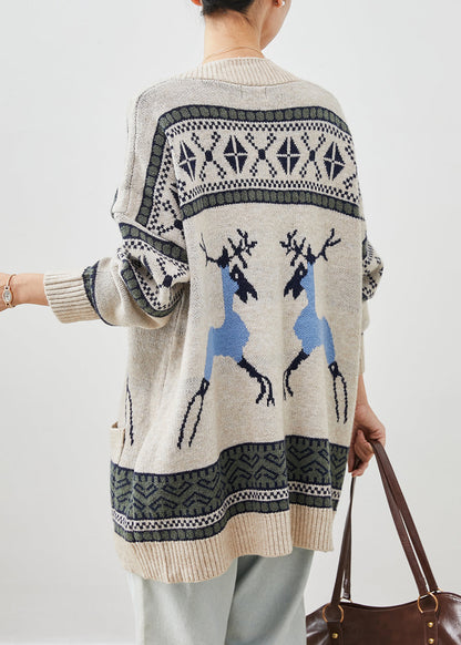 Women Khaki Oversized Print Knit Cardigans Winter