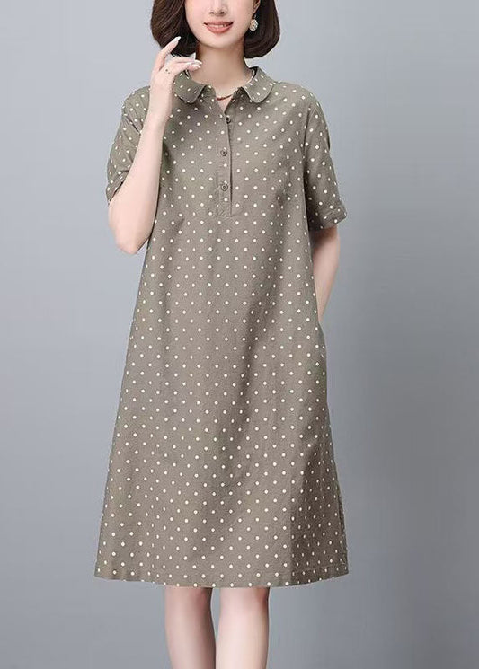 Women Khaki Peter Pan Collar Dot Print Work Dress Summer