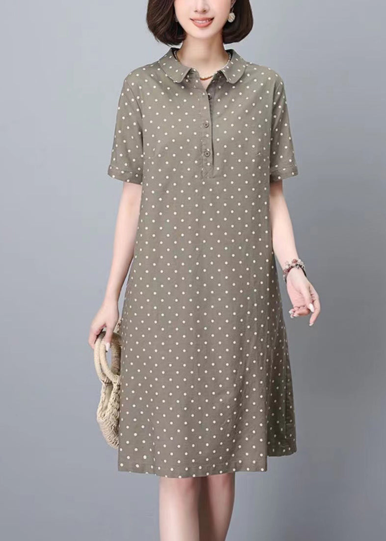 Women Khaki Peter Pan Collar Dot Print Work Dress Summer