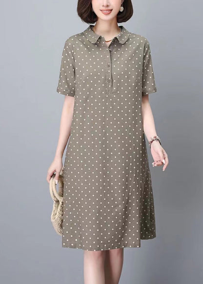 Women Khaki Peter Pan Collar Dot Print Work Dress Summer