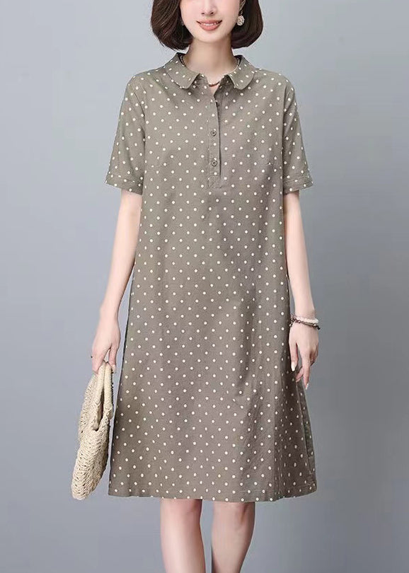 Women Khaki Peter Pan Collar Dot Print Work Dress Summer