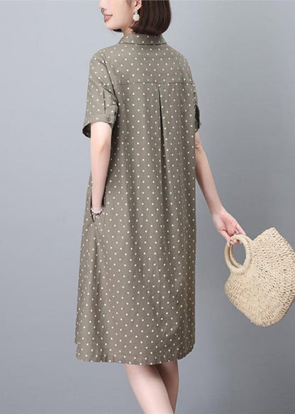 Women Khaki Peter Pan Collar Dot Print Work Dress Summer