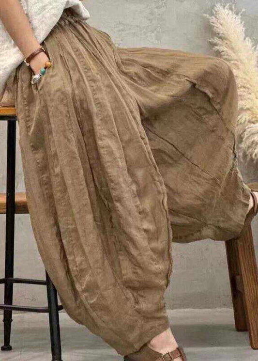 Women Khaki Pockets Patchwork Elastic Waist Linen Wide Leg Pants