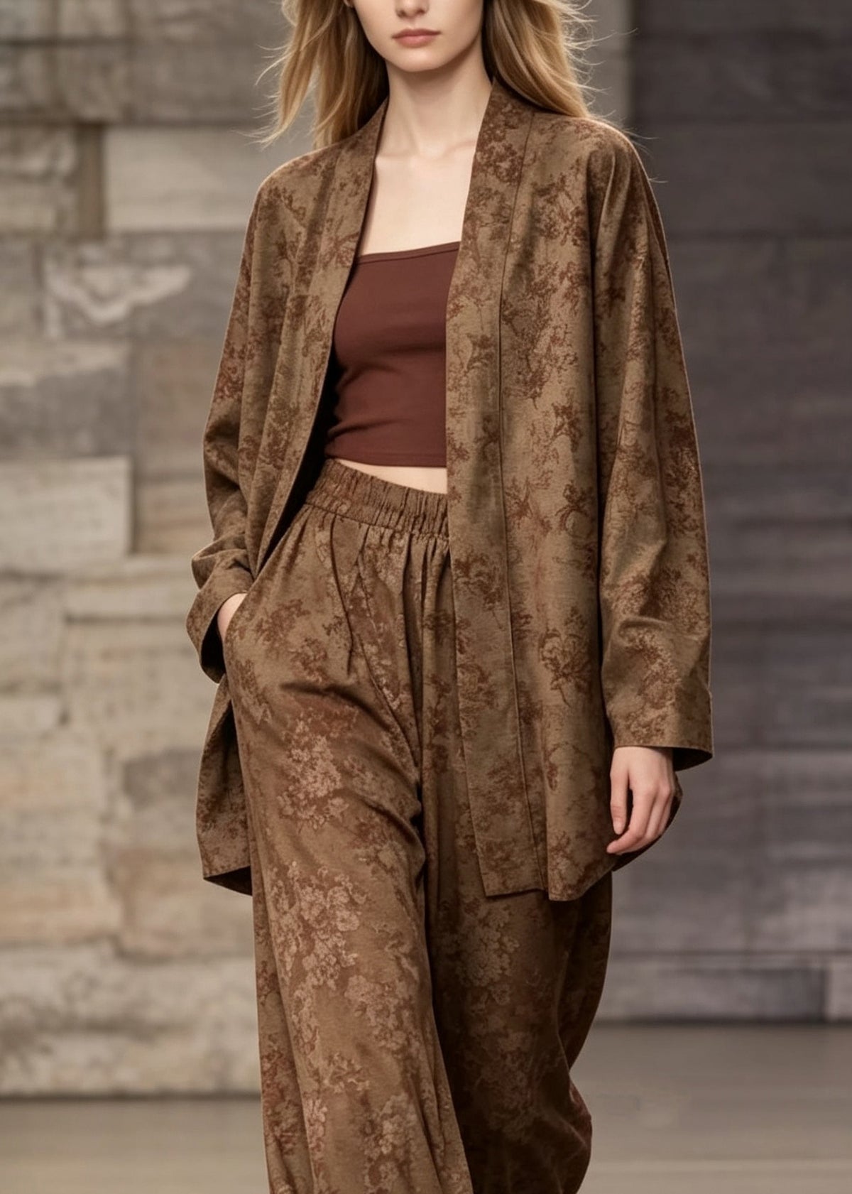 Women Khaki Print Cardigans And Pants Cotton Two Piece Suit Set Fall