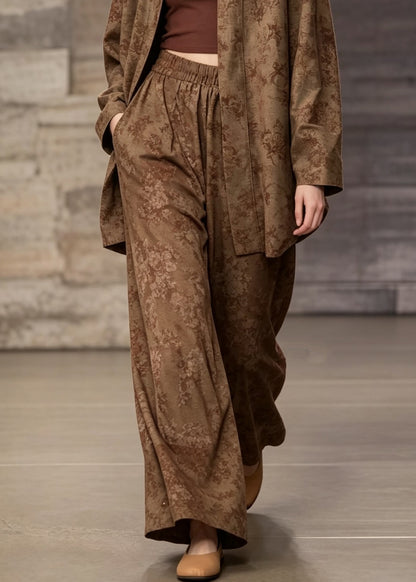 Women Khaki Print Cardigans And Pants Cotton Two Piece Suit Set Fall