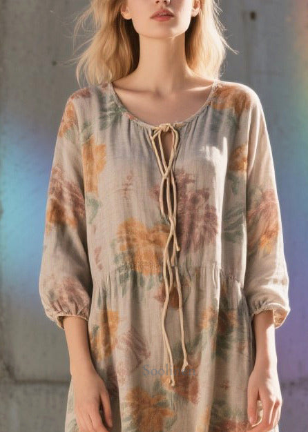 Women Khaki Print Cotton Party Dress Bracelet Sleeve