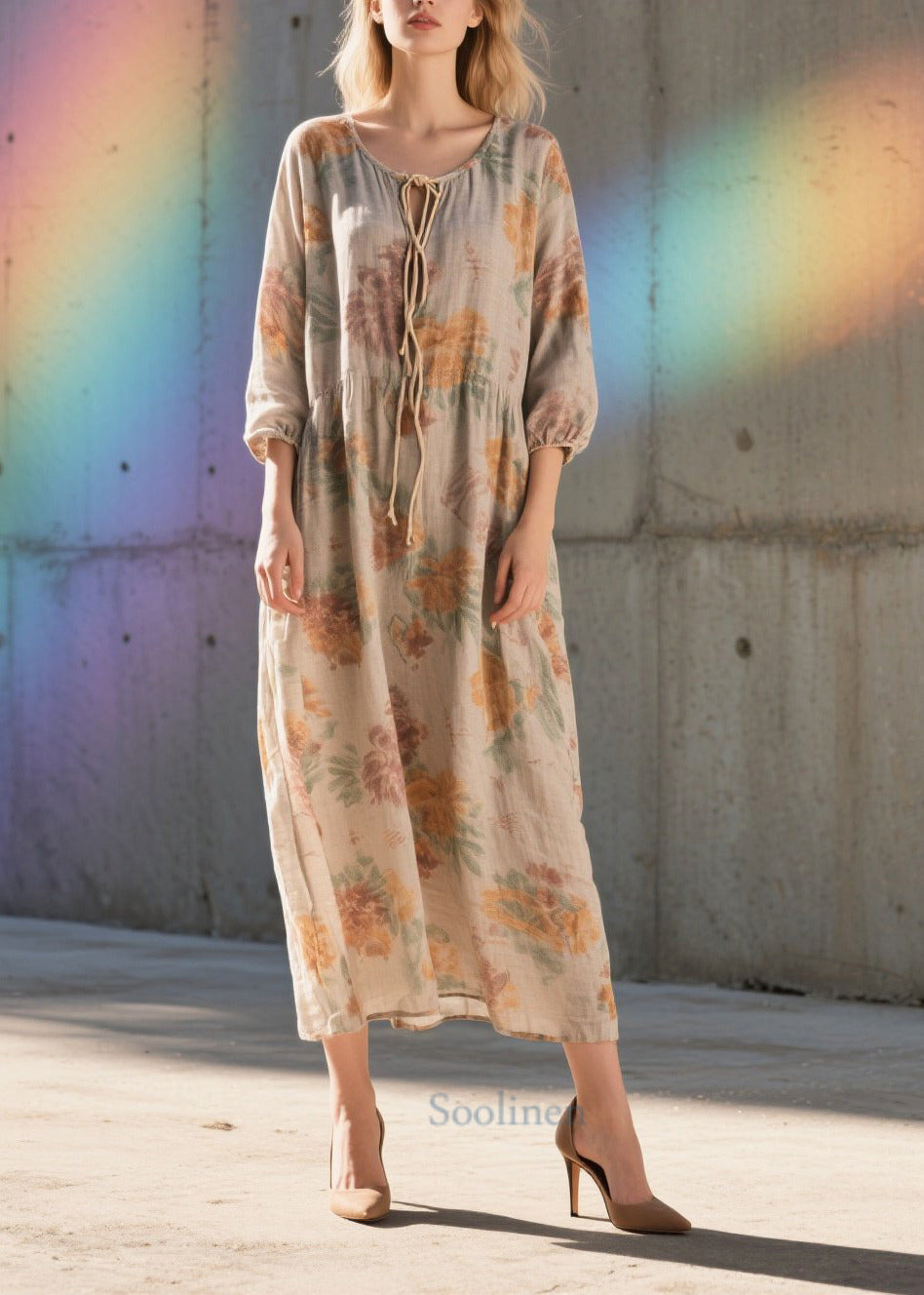 Women Khaki Print Cotton Party Dress Bracelet Sleeve