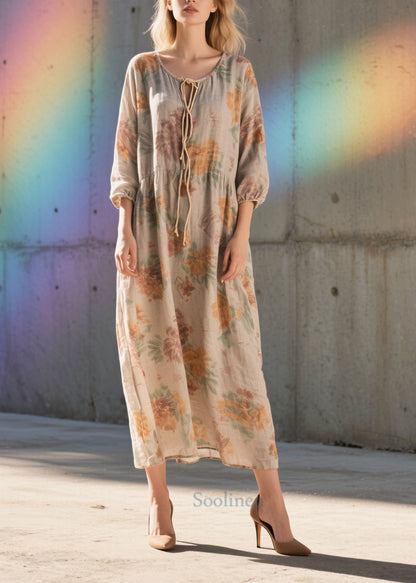 Women Khaki Print Cotton Party Dress Bracelet Sleeve