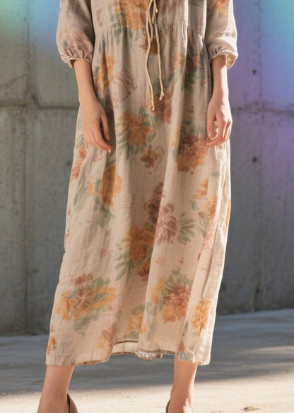 Women Khaki Print Cotton Party Dress Bracelet Sleeve