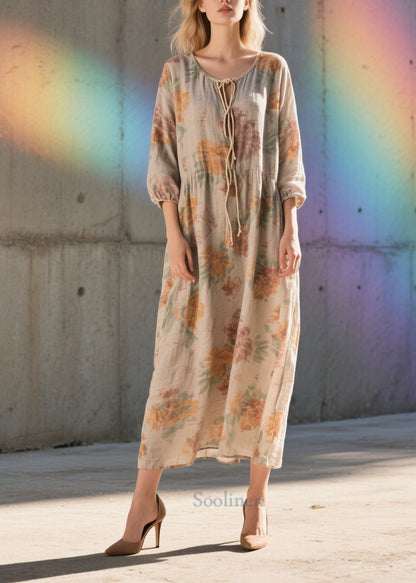 Women Khaki Print Cotton Party Dress Bracelet Sleeve