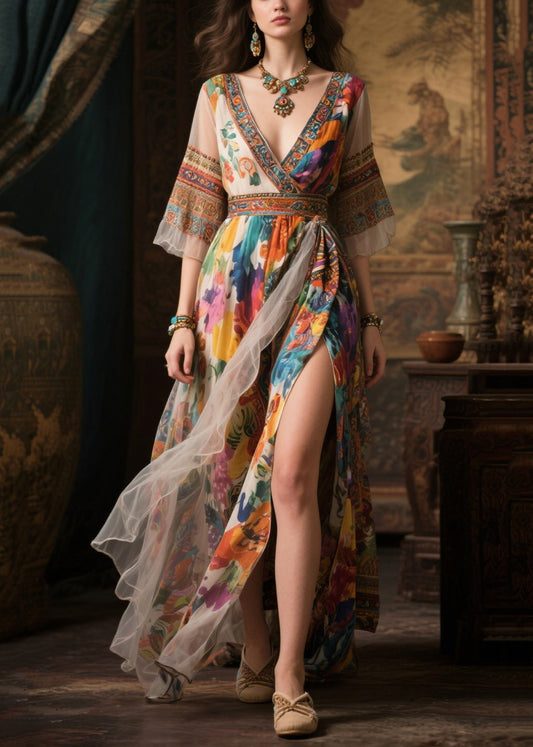 Women Khaki Print Exra Large Hem Chiffon Long Dresses Summer