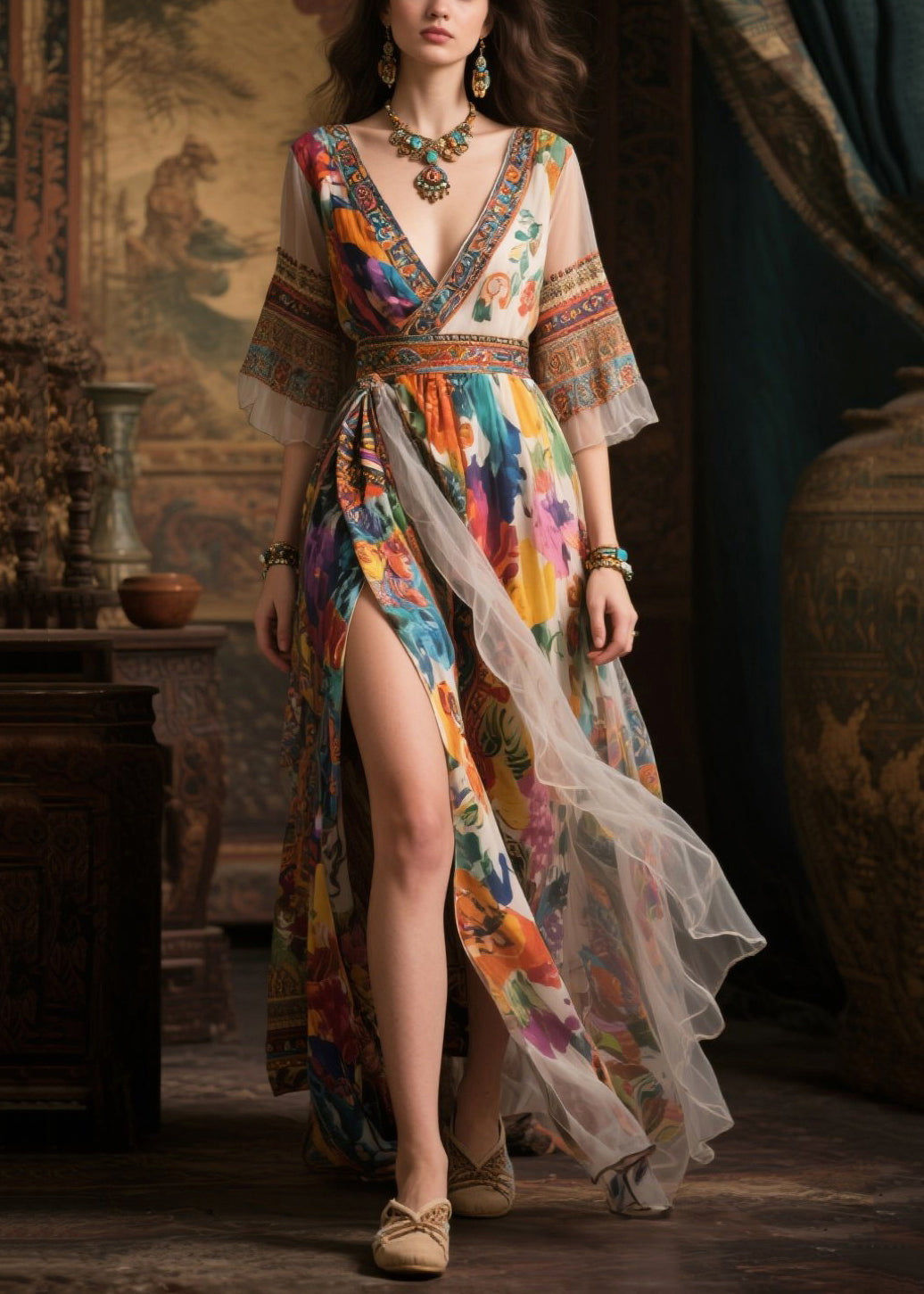 Women Khaki Print Exra Large Hem Chiffon Long Dresses Summer