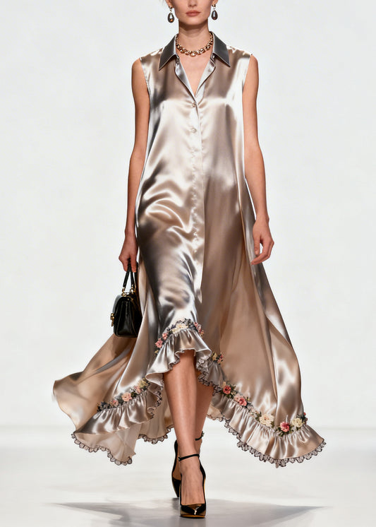 Women Khaki Ruffled Floral Silk Robe Dresses Sleeveless