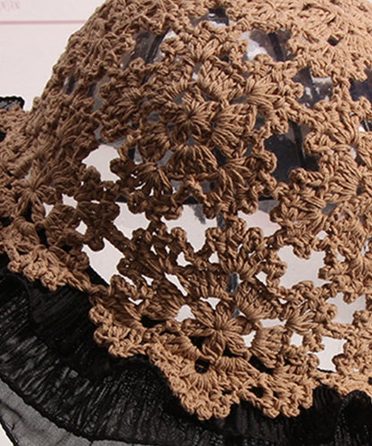 Women Khaki Ruffled Hollow Out Lace Patchwork Knit Bucket Hat