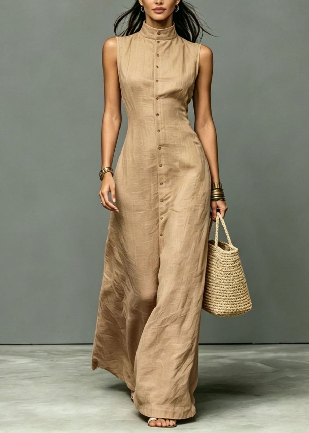 Women Khaki Stand Collar Cotton Long Dress Sleeveless