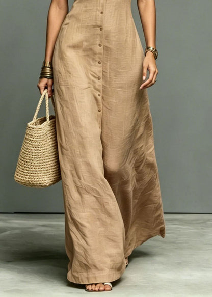 Women Khaki Stand Collar Cotton Long Dress Sleeveless