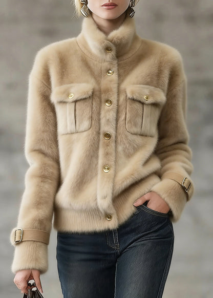 Women Khaki Stand Collar Pockets Faux Fur Coats Winter