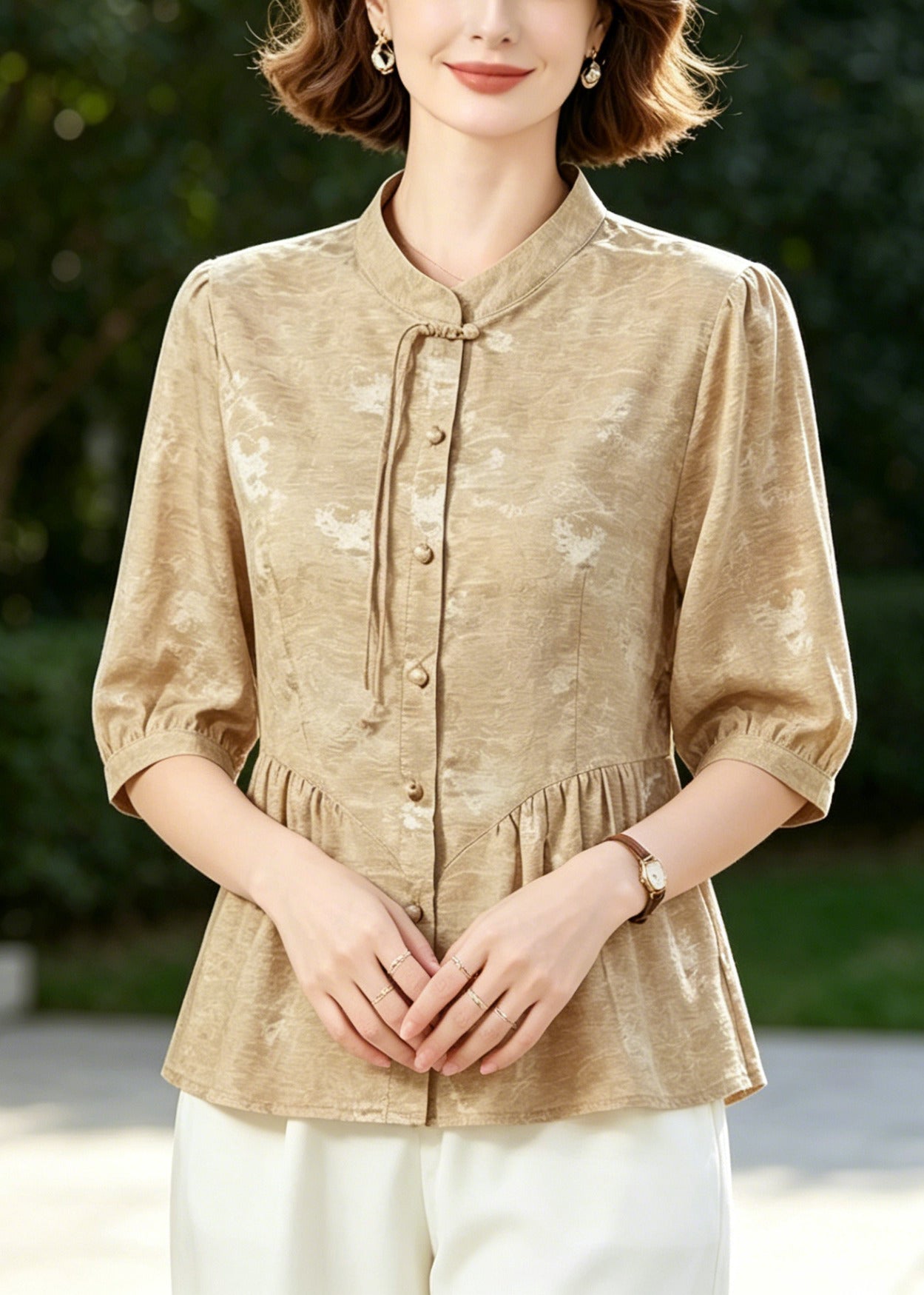 Women Khaki Tasseled Wrinkled Silk Blouse Tops Half Sleeve