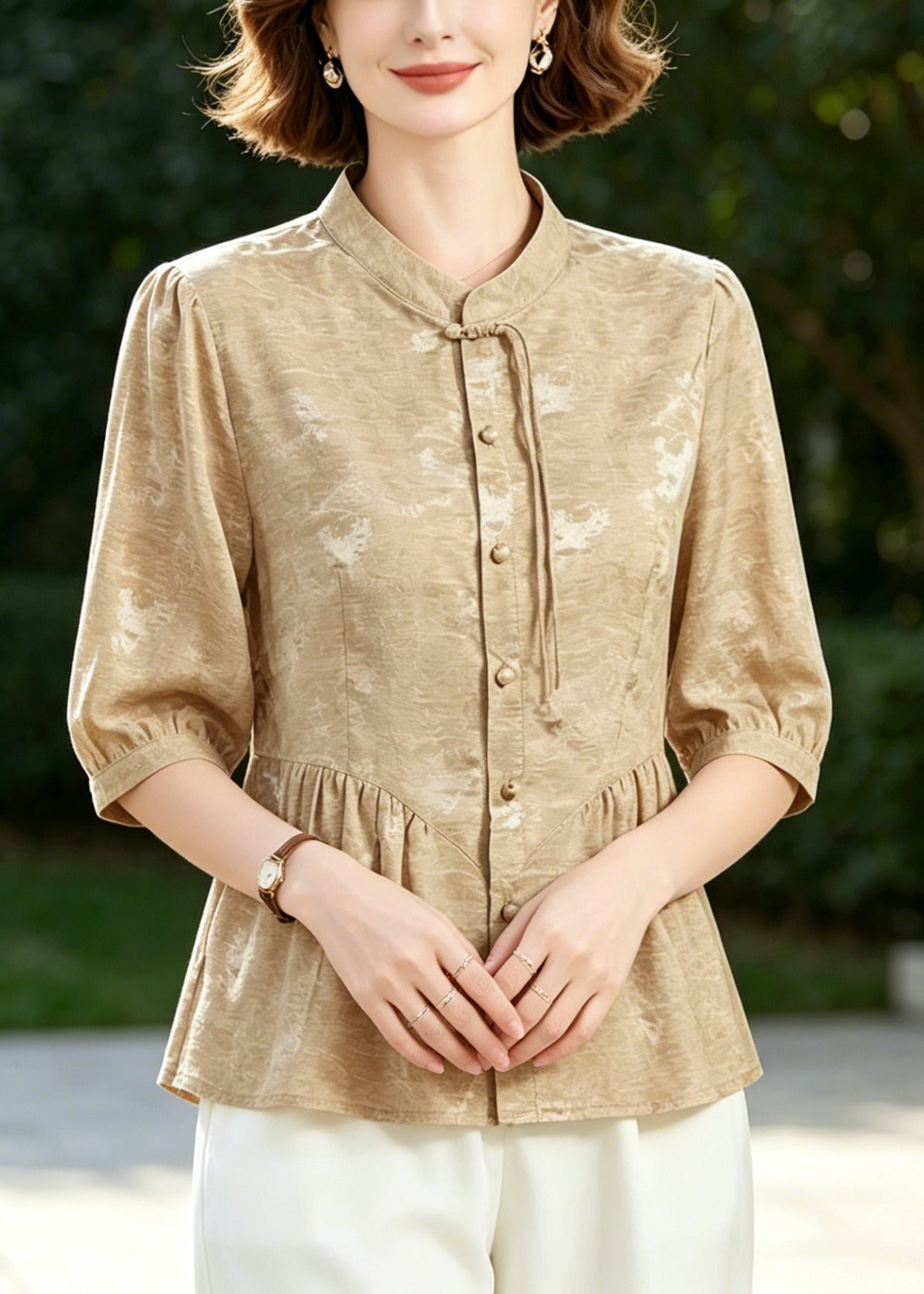 Women Khaki Tasseled Wrinkled Silk Blouse Tops Half Sleeve