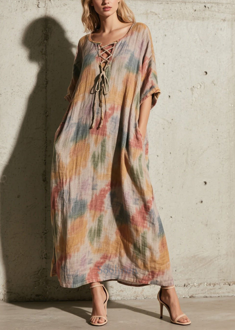 Women Khaki Tie Dye Cross Strap Cotton Long Dress Fall