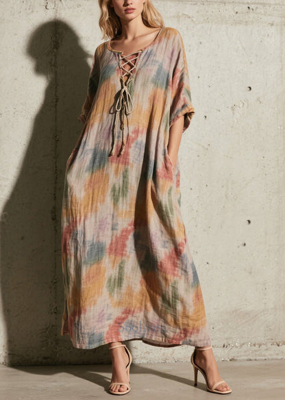 Women Khaki Tie Dye Cross Strap Cotton Long Dress Fall