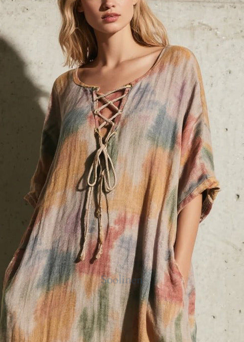 Women Khaki Tie Dye Cross Strap Cotton Long Dress Fall