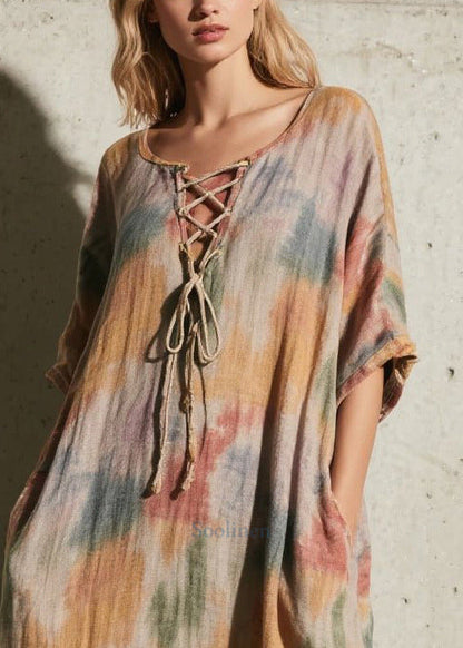 Women Khaki Tie Dye Cross Strap Cotton Long Dress Fall