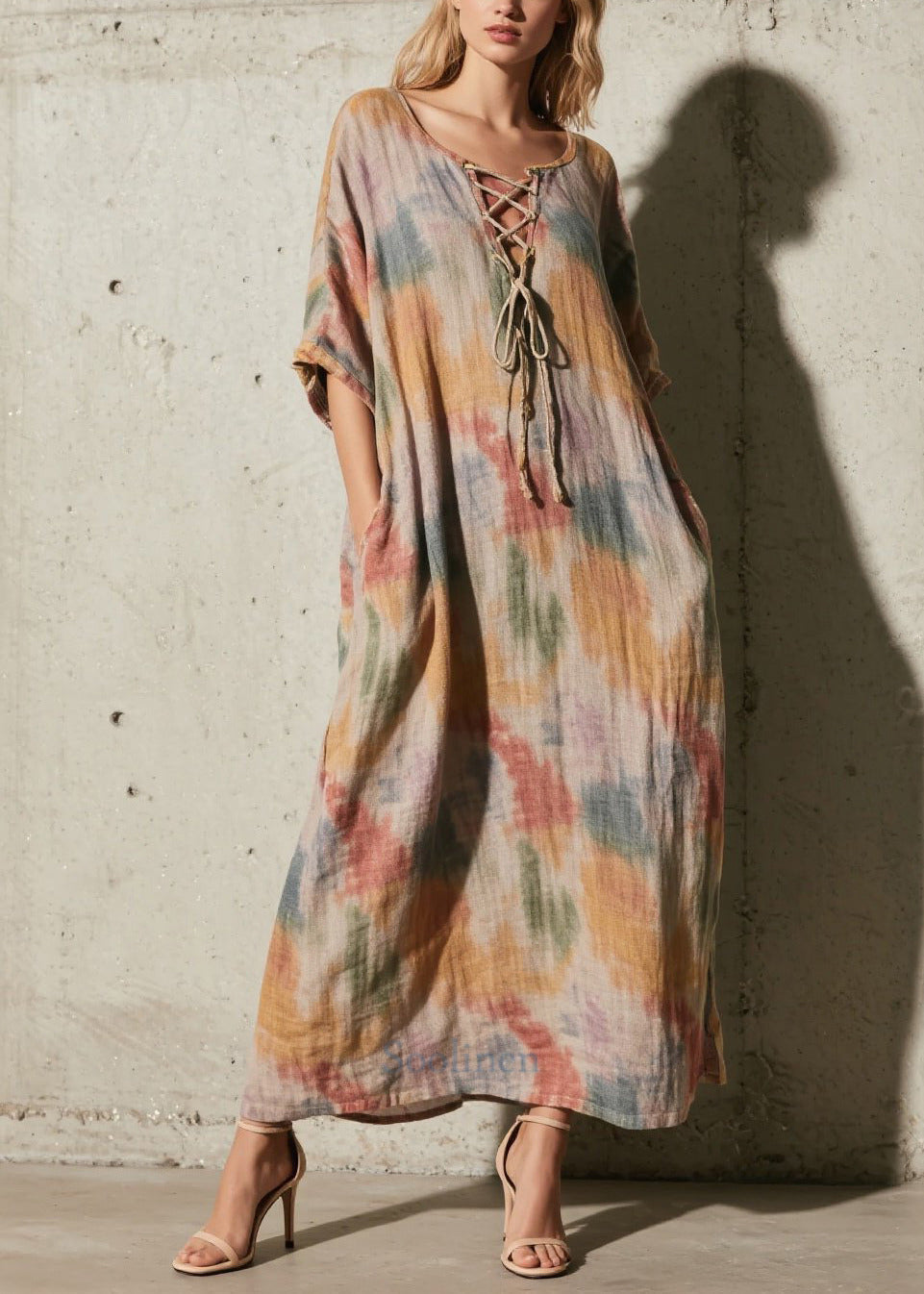 Women Khaki Tie Dye Cross Strap Cotton Long Dress Fall