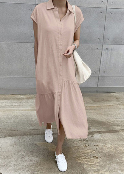 Women Khaki Turn-Down Collar Cotton Vacation Dresses Short Sleeve