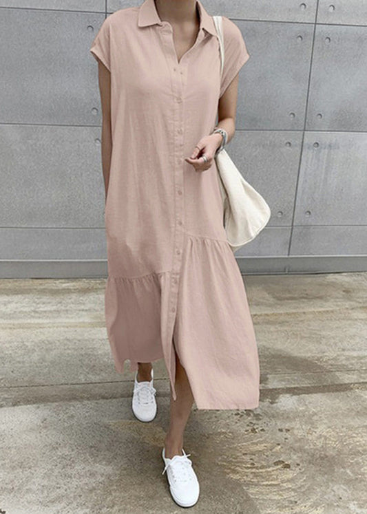Women Khaki Turn-Down Collar Cotton Vacation Dresses Short Sleeve