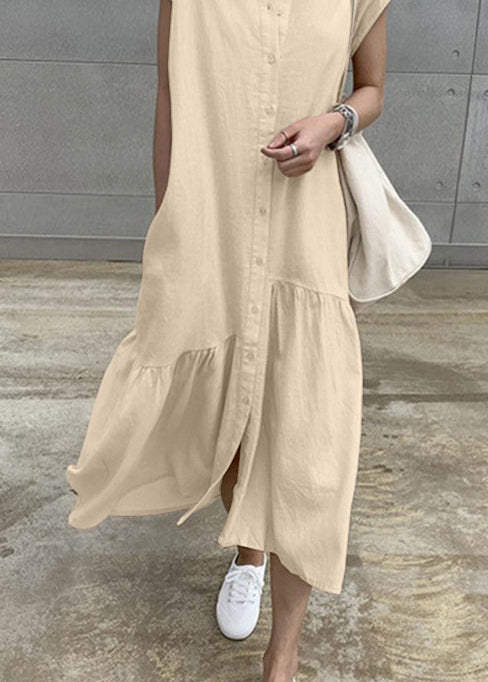 Women Khaki Turn-Down Collar Cotton Vacation Dresses Short Sleeve