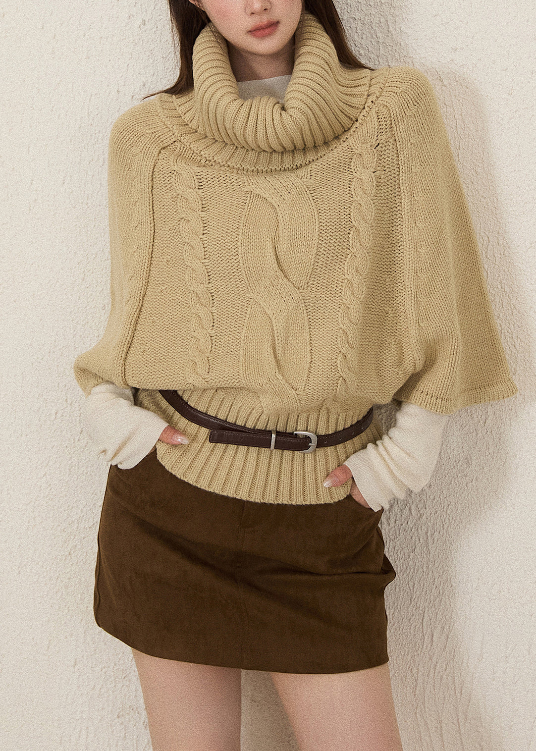 Women Khaki Turtle Neck Thick Knit Sweaters Batwing Sleeve