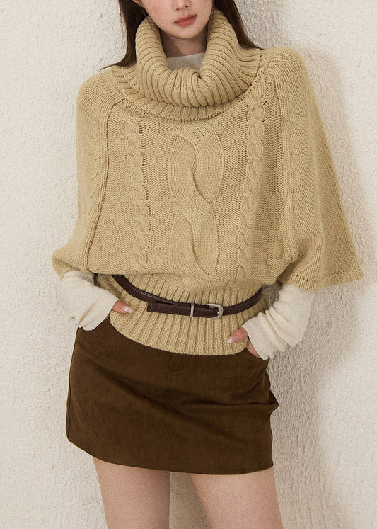 Women Khaki Turtle Neck Thick Knit Sweaters Batwing Sleeve