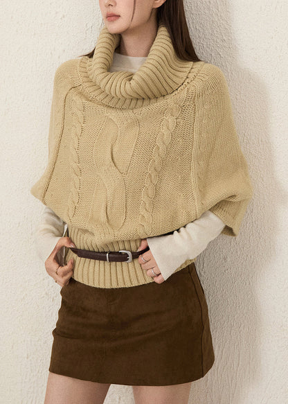 Women Khaki Turtle Neck Thick Knit Sweaters Batwing Sleeve