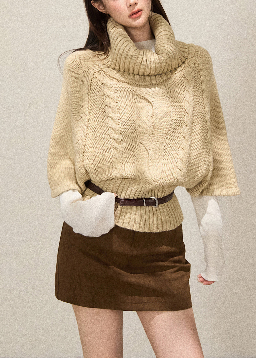 Women Khaki Turtle Neck Thick Knit Sweaters Batwing Sleeve