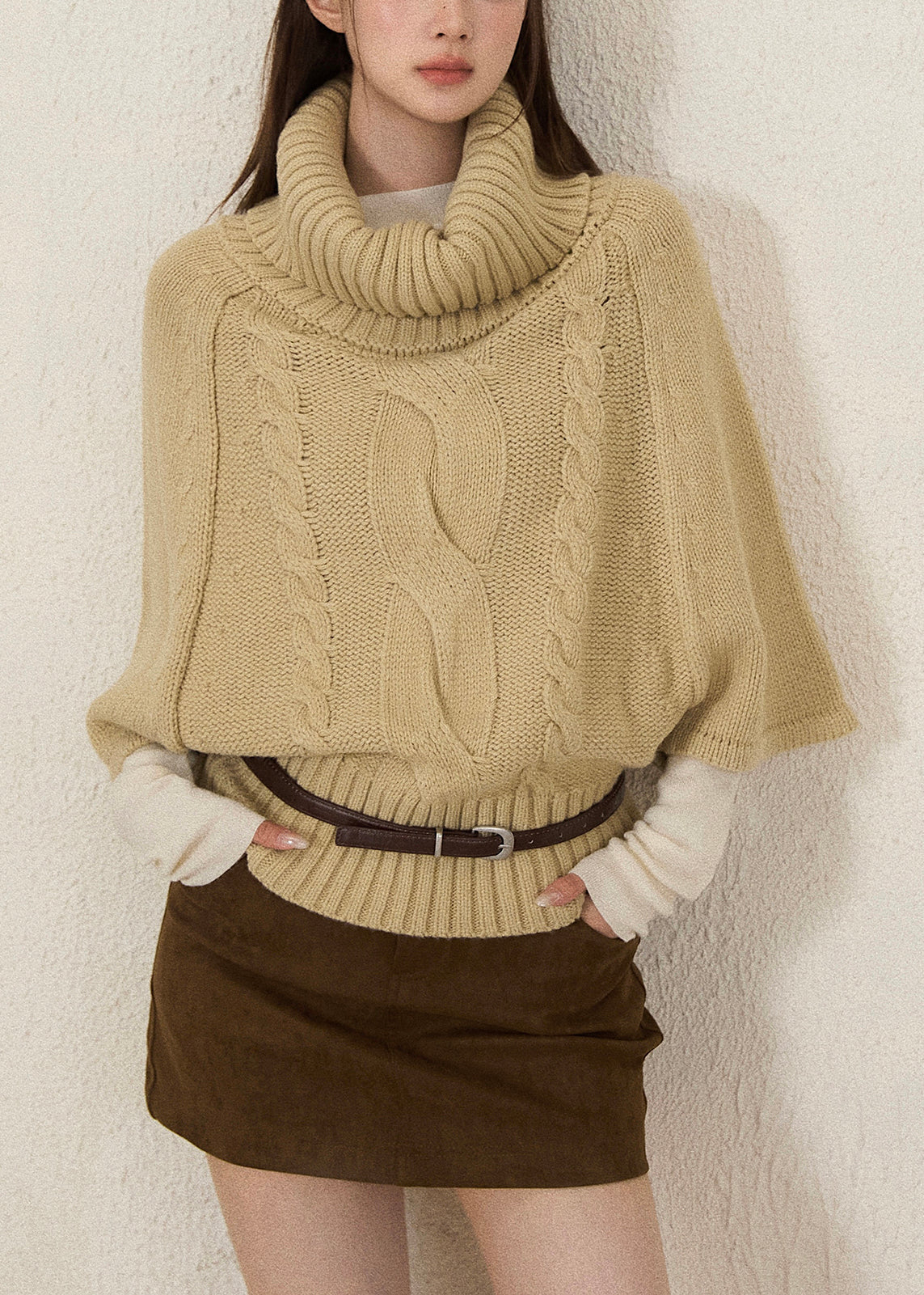 Women Khaki Turtle Neck Thick Knit Sweaters Batwing Sleeve