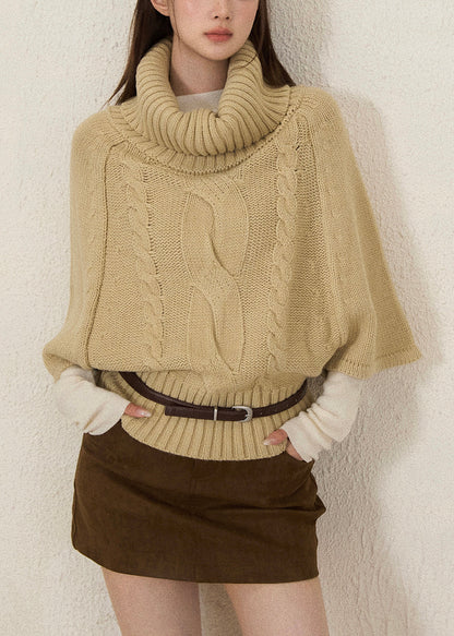 Women Khaki Turtle Neck Thick Knit Sweaters Batwing Sleeve