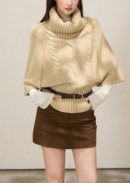 Women Khaki Turtle Neck Thick Knit Sweaters Batwing Sleeve