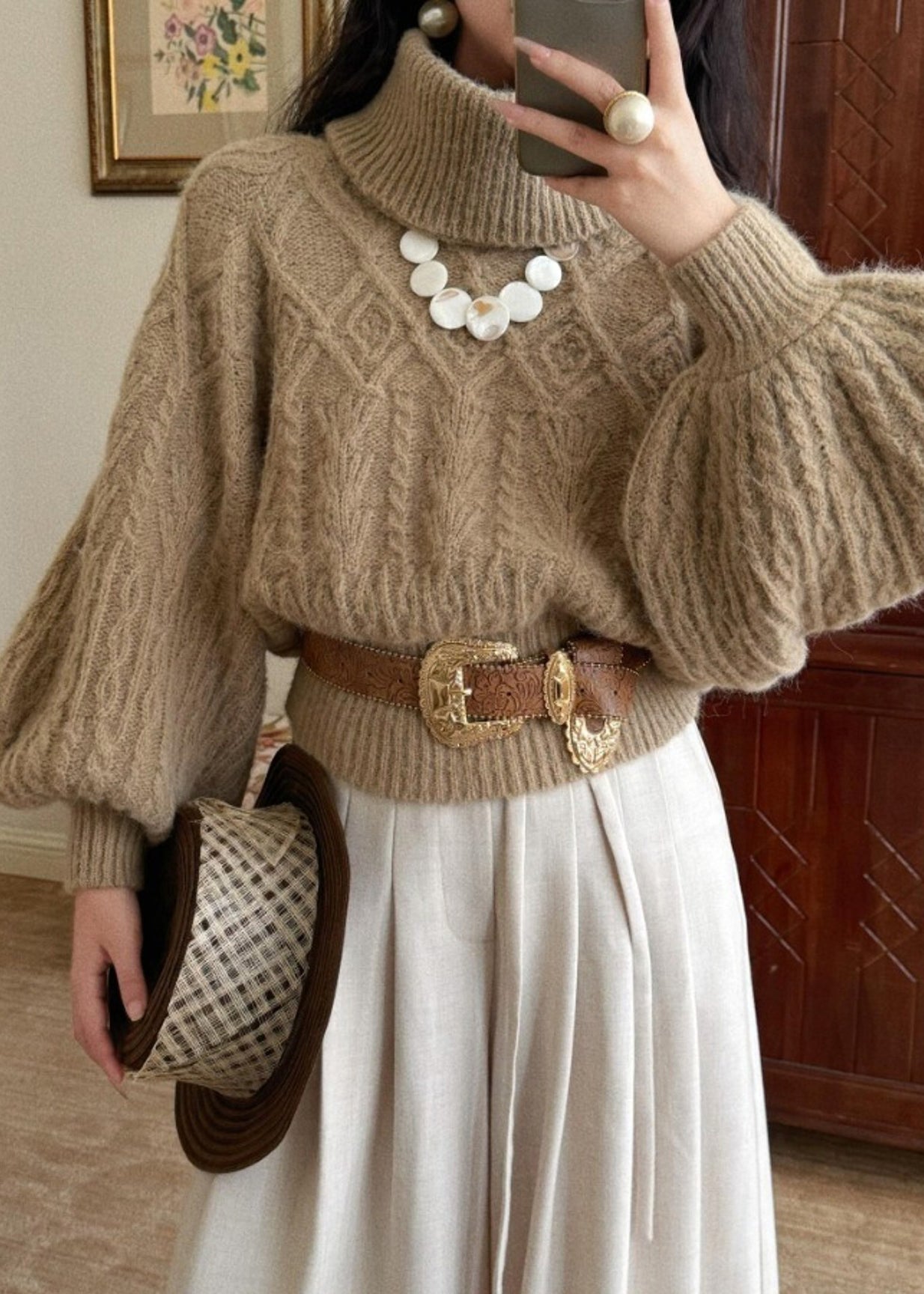 Women Khaki Turtleneck Thick Cable Cotton Knit Sweaters Puff Sleeve